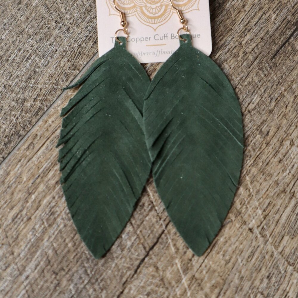 Large Emerald Green Leather Leaf Earrings | Genuine Leather | Lightweight